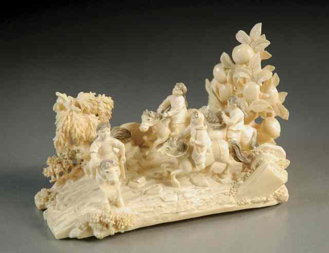 Appraisal: CHINESE IVORY CARVED FIGURAL LANDSCAPE Four women mounted on horse