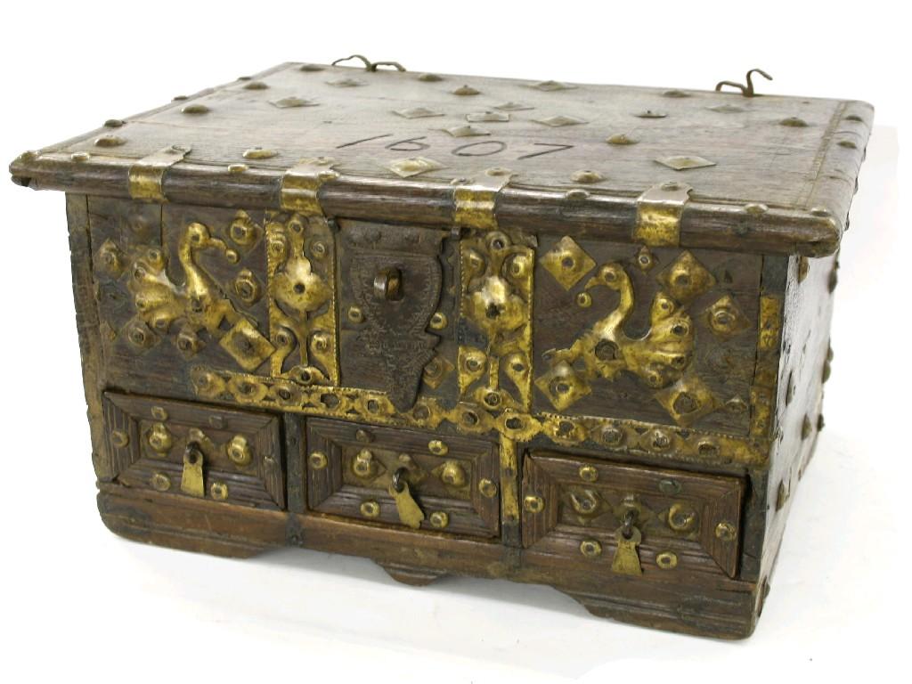 Appraisal: Antique rustic Continental rectangular brass bound casket the hinged top