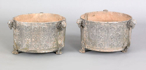 Appraisal: Pair of cast lead garden urns th c with ram's