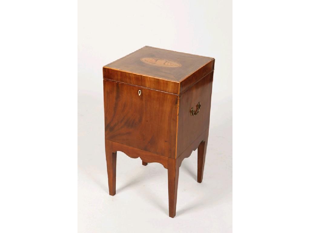 Appraisal: A GEORGE III MAHOGANY CELLARETTE the square top inlaid with