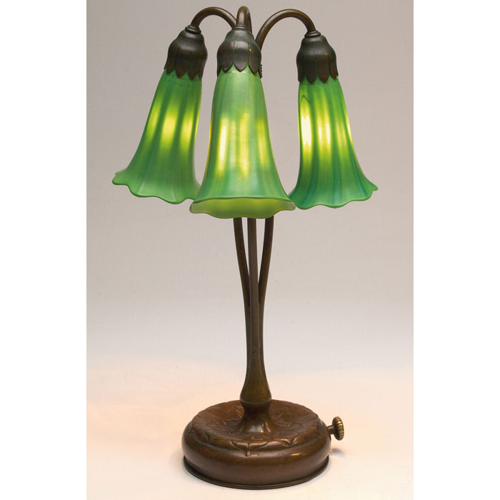 Appraisal: Rare Tiffany Studios lamp three-light lily in bronze holding three