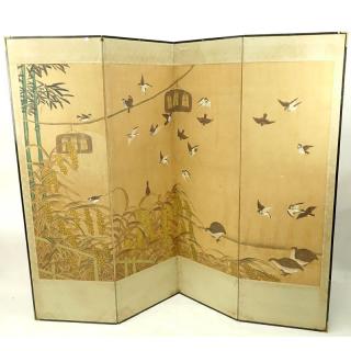 Appraisal: Vintage Japanese Four Panel Paper Fabric and Wood Screen Vintage