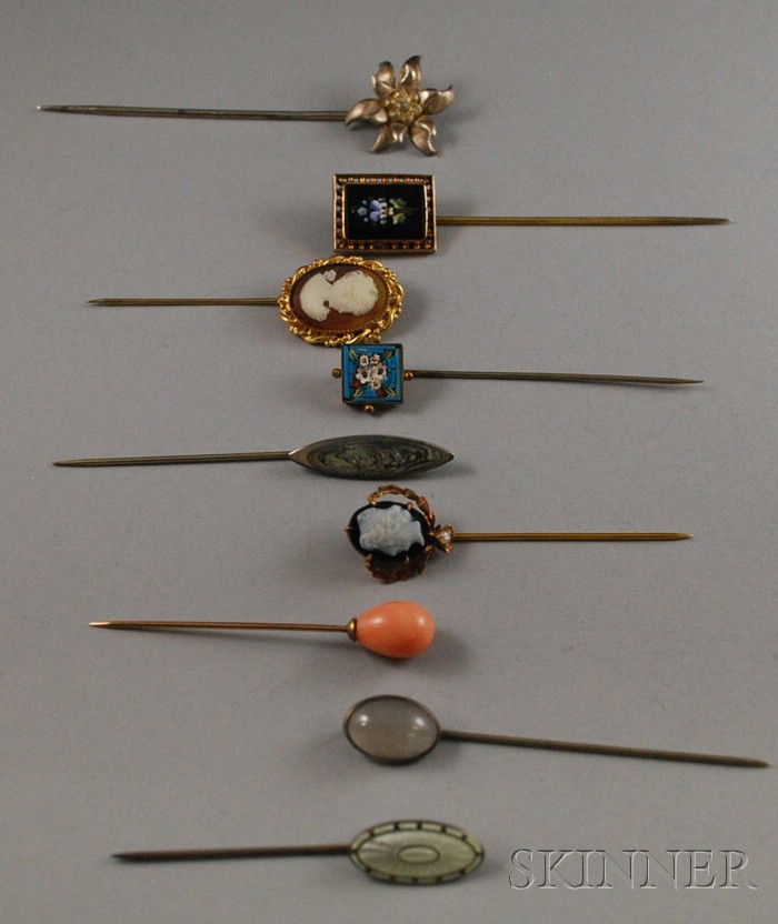 Appraisal: Nine Antique Stickpins including cameo micromosaic and enameled pins