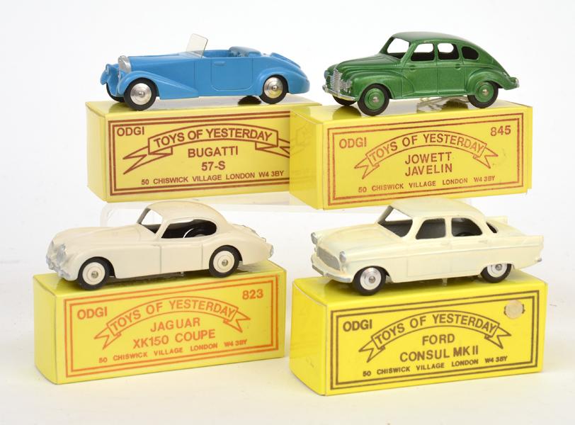 Appraisal: FOUR ODGI ENGLAND TOYS OF YESTERDAY INCLUDING BUGATTI -S JAGUAR