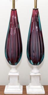 Appraisal: HAND BLOWN GLASS AND MARBLE LAMPS PAIR HAND BLOWN GLASS