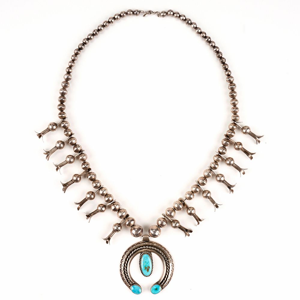 Appraisal: Navajo Silver Turquoise Squash Blossom Necklace Southwest Native American Navajo