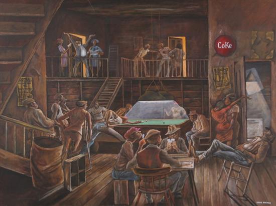 Appraisal: ERNIE BARNES American b BUBBA'S BILLIARD ROOM signed lower right