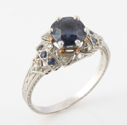 Appraisal: Platinum filigree ring with one oval mm x mm sapphire