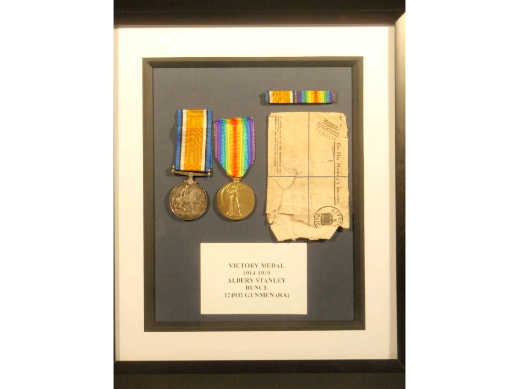 Appraisal: A framed victory and war medal to A S Bunce