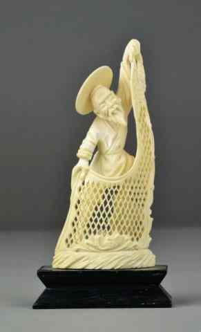 Appraisal: Chinese Carved Ivory Fisherman with NetFinely carved ivory depicting a