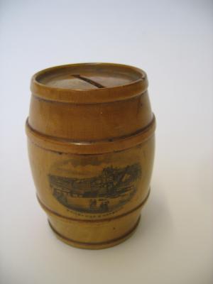 Appraisal: A MAUCHLINE WARE MONEY BOX th century of barrel form