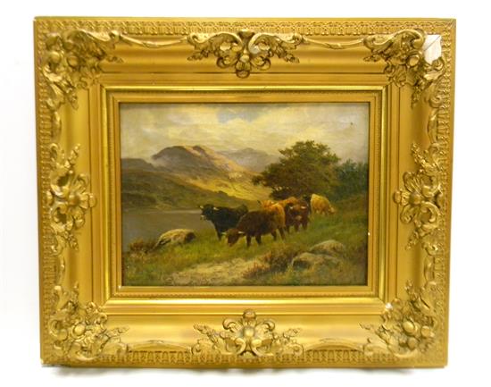 Appraisal: H Calvert oil on canvas depicts Scottish Highland cattle grazing