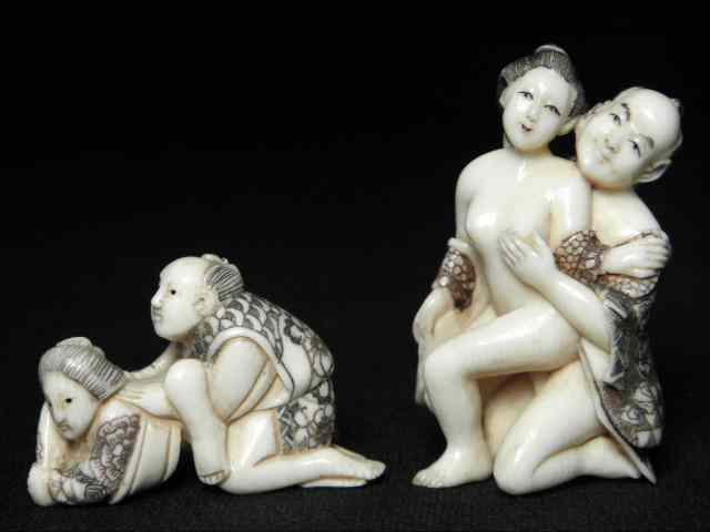 Appraisal: Two Japanese carved ivory erotic netsuke One is signed on