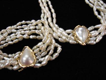 Appraisal: Biwa pearl bracelet and necklace Five strand freshwater pearl and