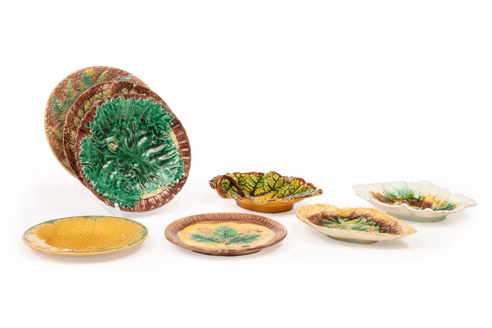 Appraisal: Group of Majolica Tableware incl leaf-form plates largest l in