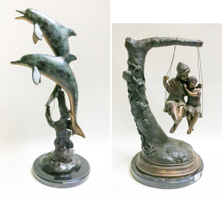 Appraisal: TWO BRONZE SCULPTURES a marine wildlife depicting two leaping dolphins