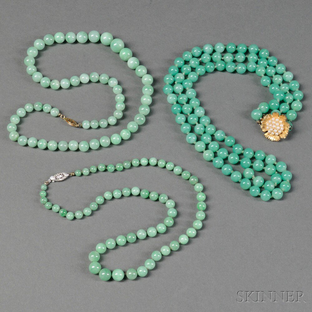 Appraisal: Three Necklaces with Aventurine Beads China a two-string now broken