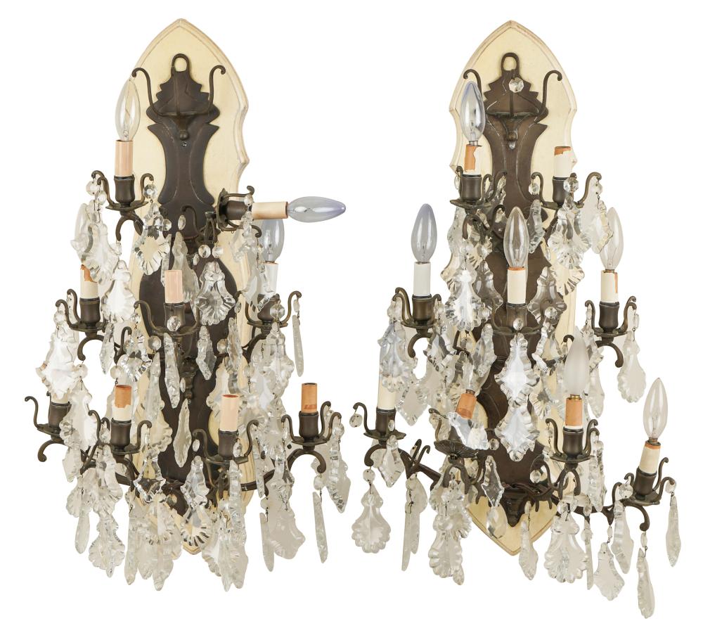 Appraisal: PAIR OF DROP CRYSTAL WALL SCONCESeach with nine lights mounted