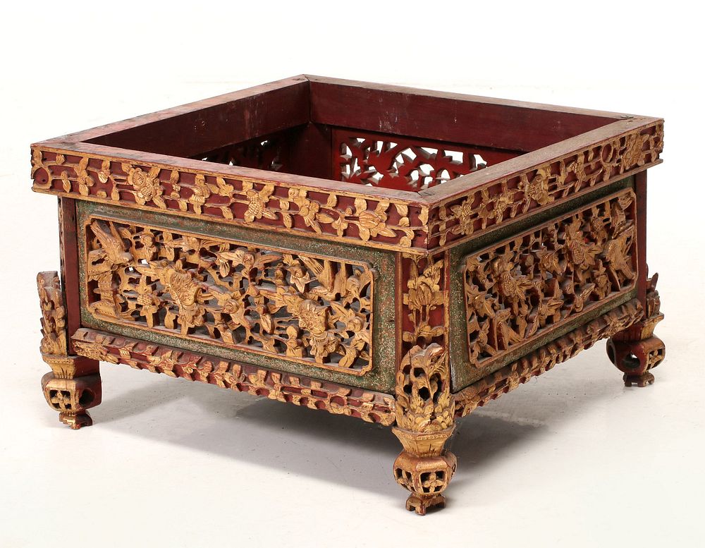 Appraisal: A HIGHLY CARVED GILT LACQUER CHINESE JARDINIERE STAND The square