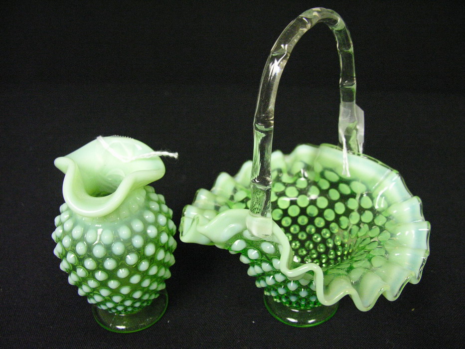 Appraisal: GREEN OPALESCENT GLASS BASKET AND VASE Vase Size with diameter