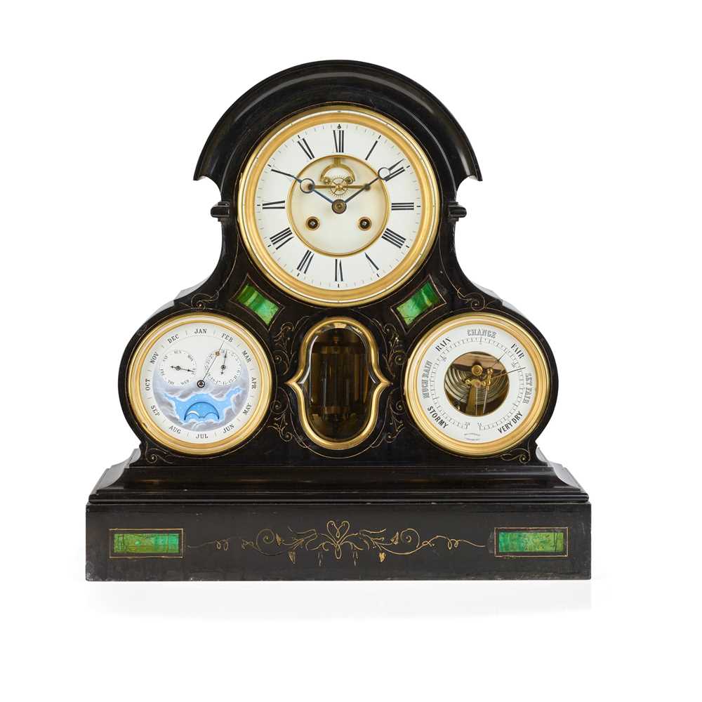 Appraisal: LARGE FRENCH SLATE AND MALACHITE PERPETUAL CALENDAR MANTEL CLOCK WITH