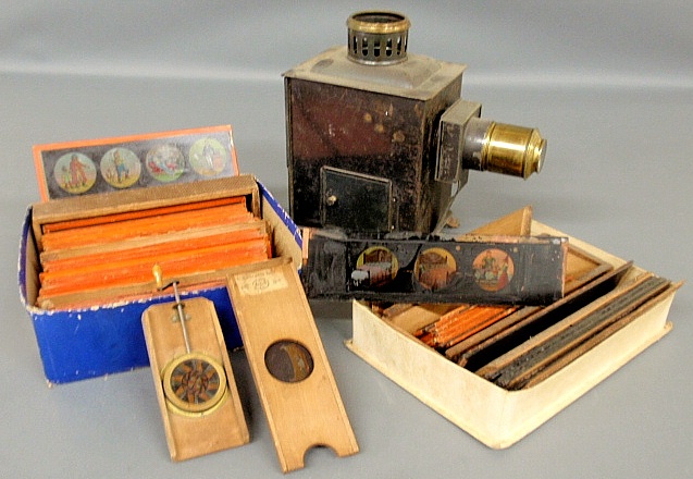 Appraisal: - German magic lantern lacking burner with eighty-two colored glass