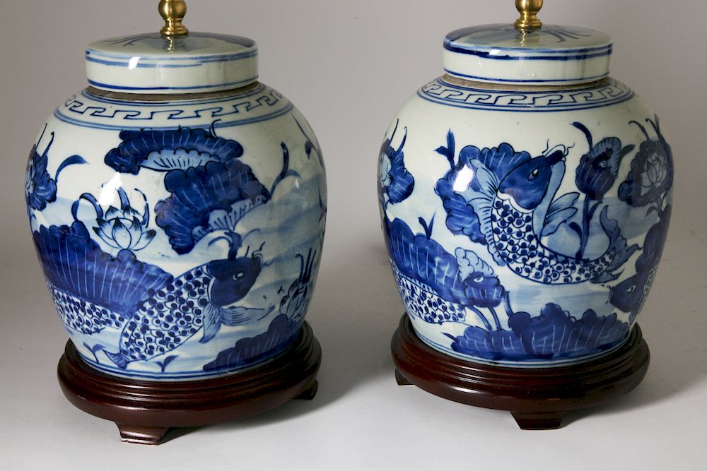 Appraisal: Pair of Chinese Blue and White Carp Decorated Ginger Jar