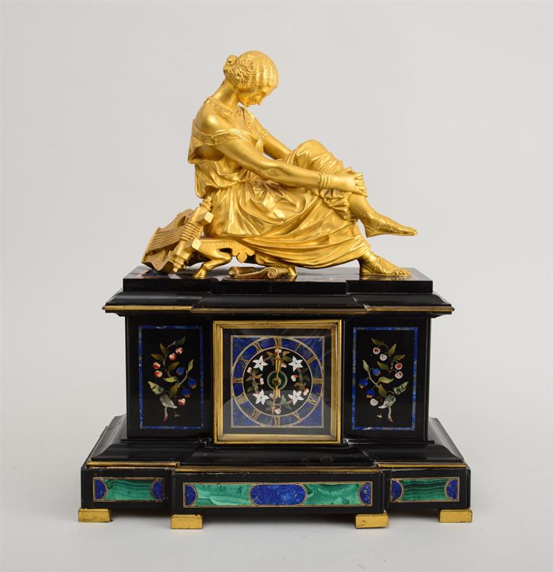 Appraisal: FRENCH GILT-BRONZE FIGURAL-MOUNTED PIETRA-DURA INLAID BLACK MARBLE MANTEL CLOCK The