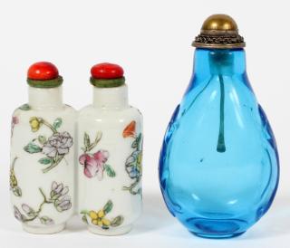 Appraisal: CHINESE PORCELAIN AND GLASS SNUFF BOTTLES TWO CHINESE PORCELAIN AND