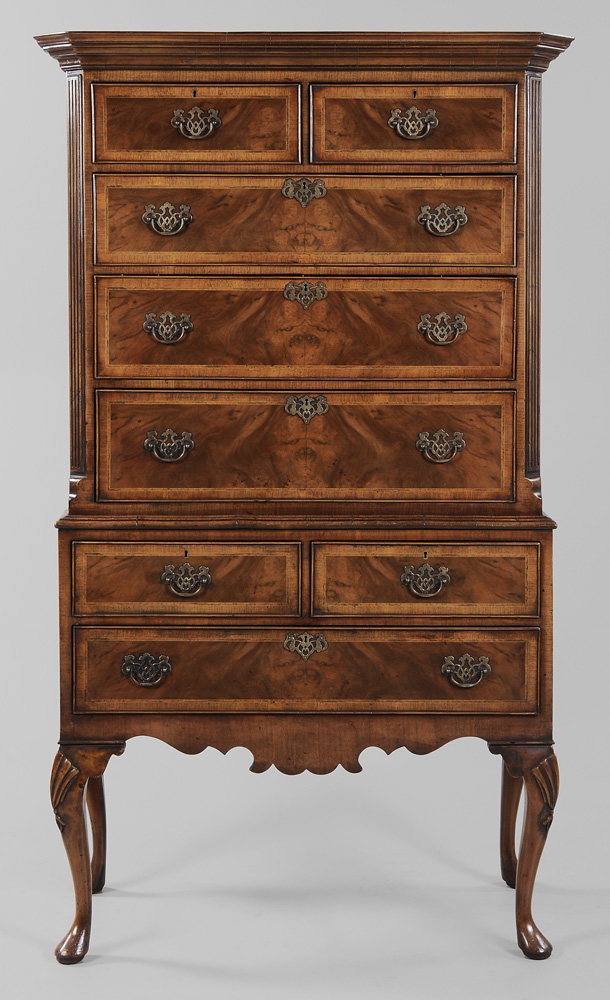 Appraisal: Chippendale Style Burlwood-Veneered High Chest British th century dovetailed drawers