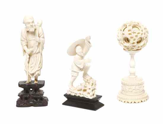 Appraisal: A Chinese Carved Ivory Puzzle Ball together with two carved