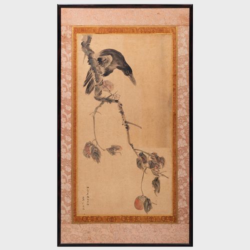 Appraisal: JAPANESE SCROLL OF A CROW AND PLUM BRANCHInk and color