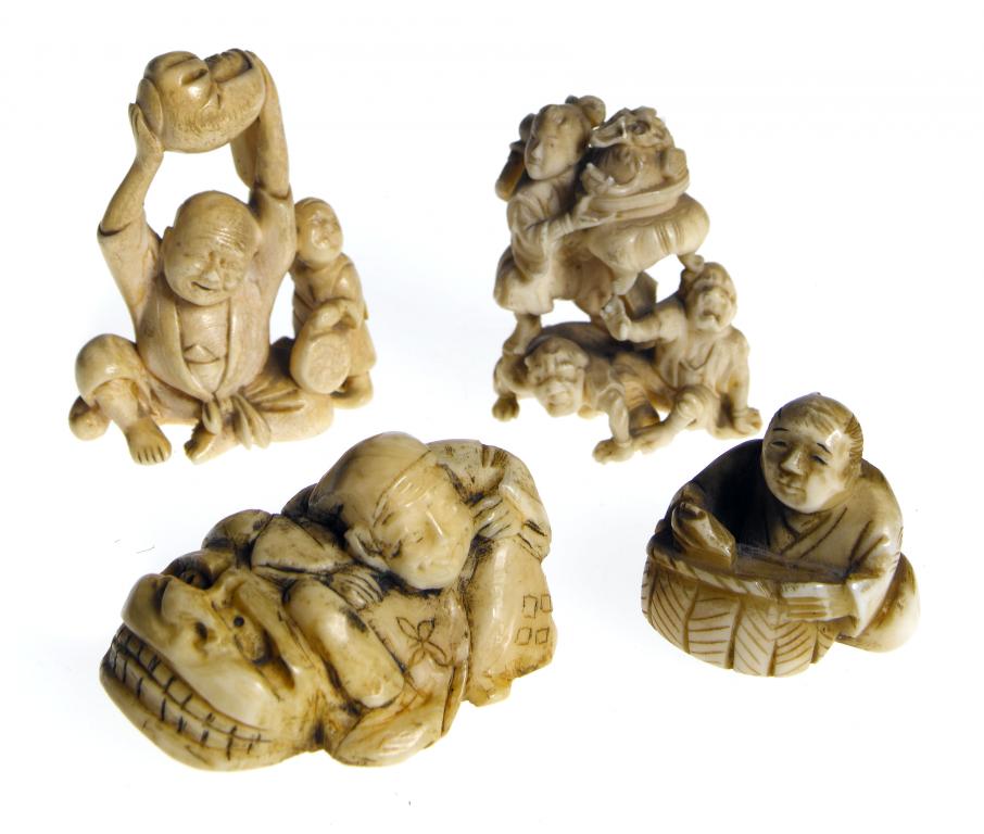 Appraisal: THREE IVORY NETSUKES AND AN OKIMONO various subjects cm h