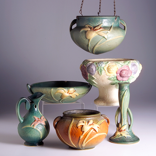 Appraisal: Six ROSEVILLE pieces Five Zephyr Lily to include a green