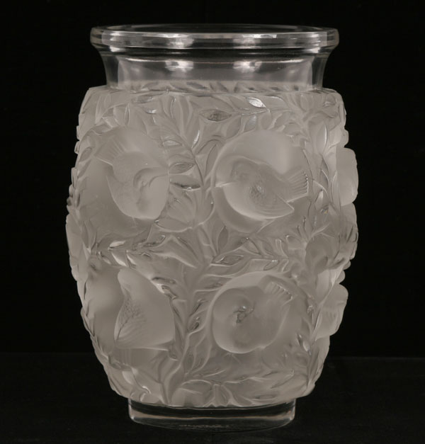 Appraisal: Lalique ''Bagatelle frosted glass vase with clear rim sparrows in