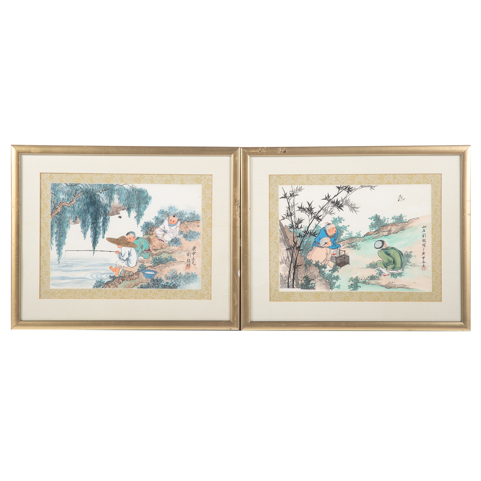 Appraisal: CHINESE SCHOOL TH CENTURY PAIR WATERCOLORS Depicting children fishing and