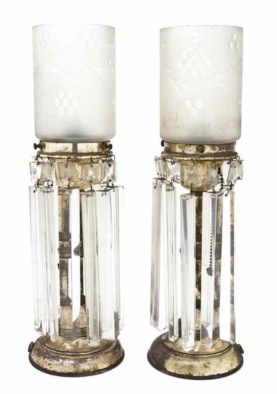 Appraisal: A Pair of Silvered Metal and Etched Glass Girandoles each