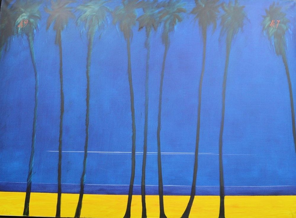 Appraisal: Seven palms oil on canvas depicts palm trees against dark