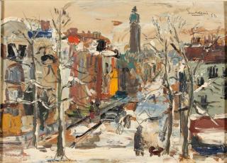 Appraisal: Jack Godderis Belgian Winter City Street Scene on board depicting