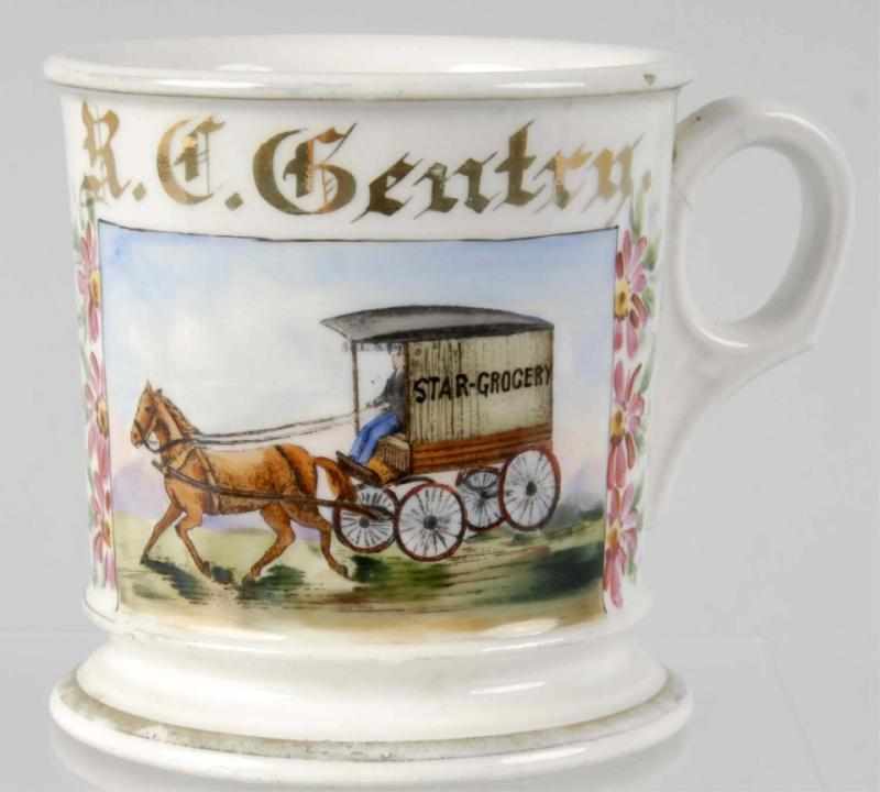 Appraisal: Horse-Drawn Grocery Wagon Shaving Mug Description Gilt name R C