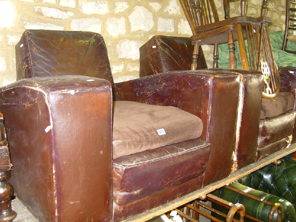 Appraisal: A pair of s leather armchairs of substantial form