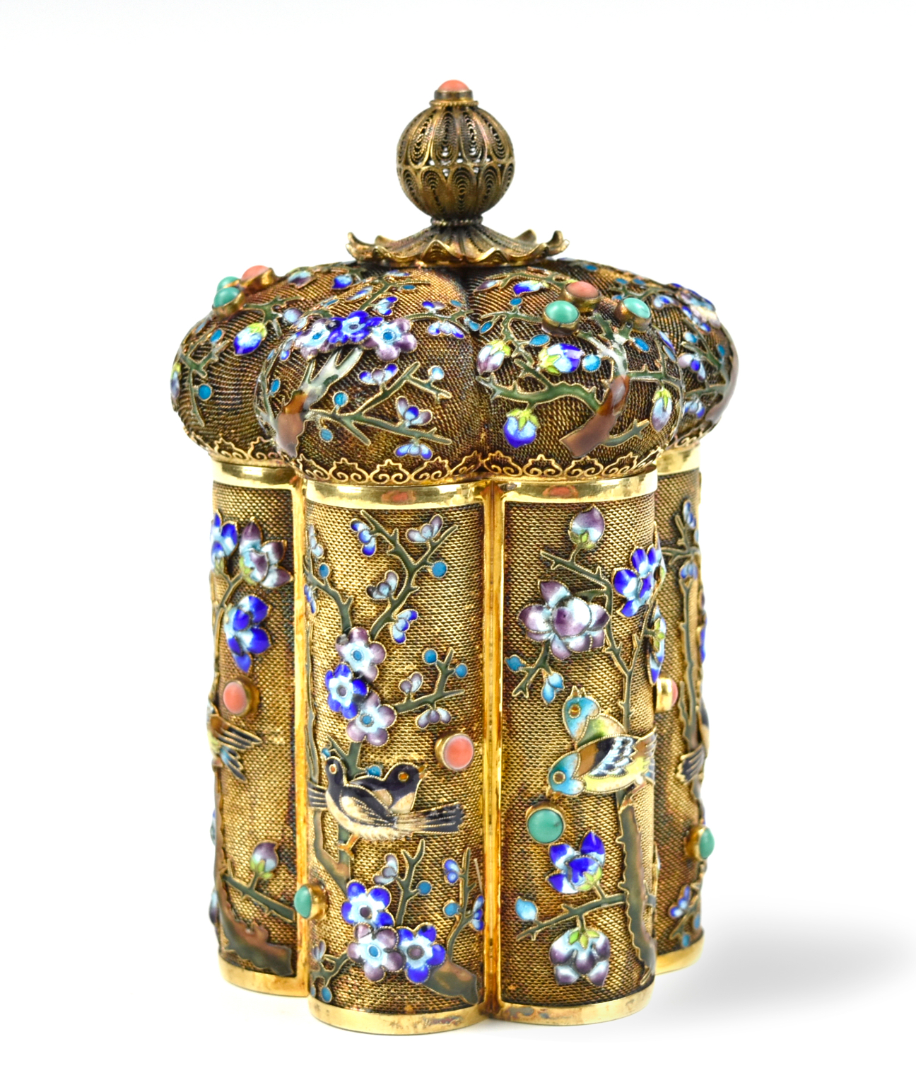 Appraisal: bulbous lobed body enameled with stylized flowers birds and floral