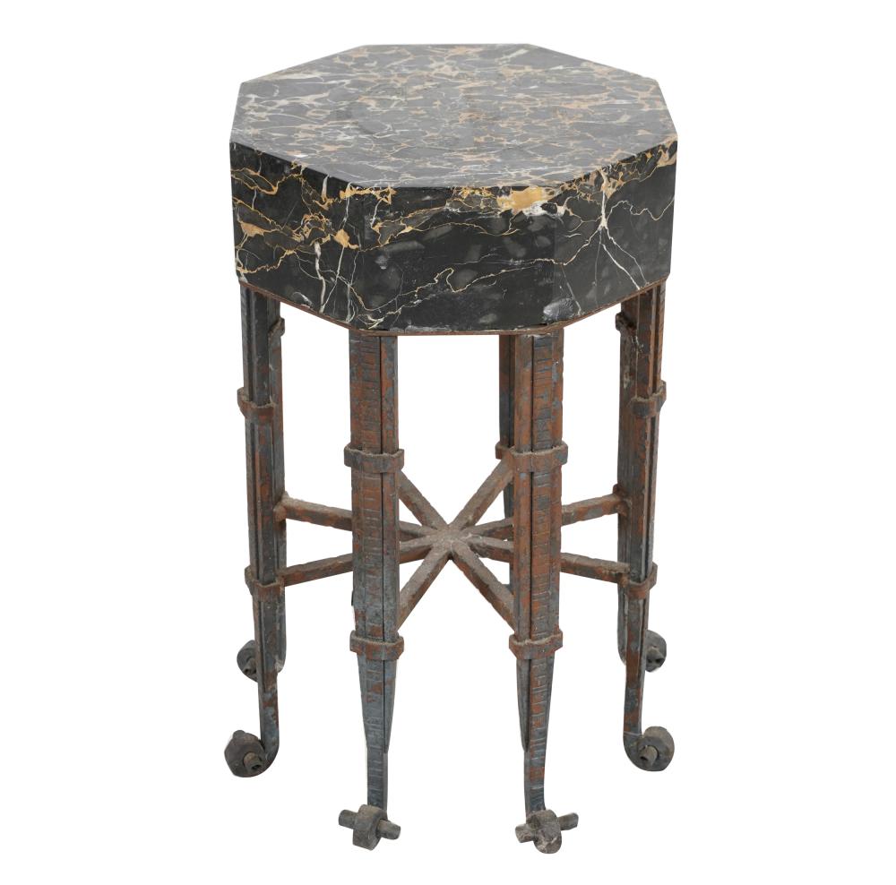 Appraisal: FRENCH IRON MARBLE PEDESTALwith an octagonal top Condition uneven patination