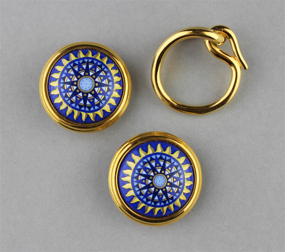 Appraisal: HERMES ENAMELED CLIP EARRINGS AND HERMES SCARF RING Hermes round