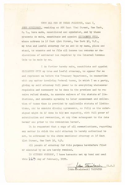 Appraisal: STEINBECK JOHN Typed Document Signed John Steinbeck pp legal folio