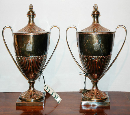 Appraisal: Pair of George III Sheffield Silver Plated Urns Estimate nbsp