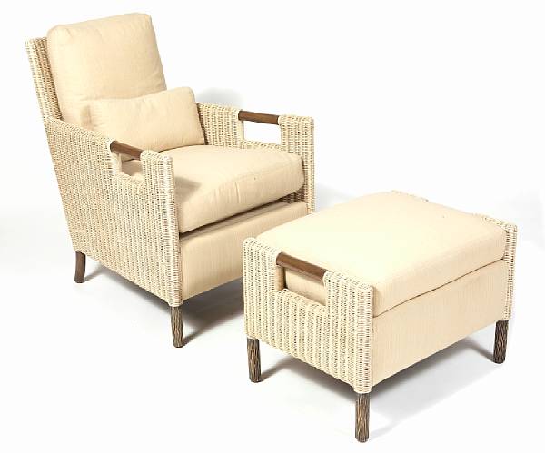 Appraisal: A 'Pheasant' woven bamboo armchair and matching ottoman McGuire Furniture