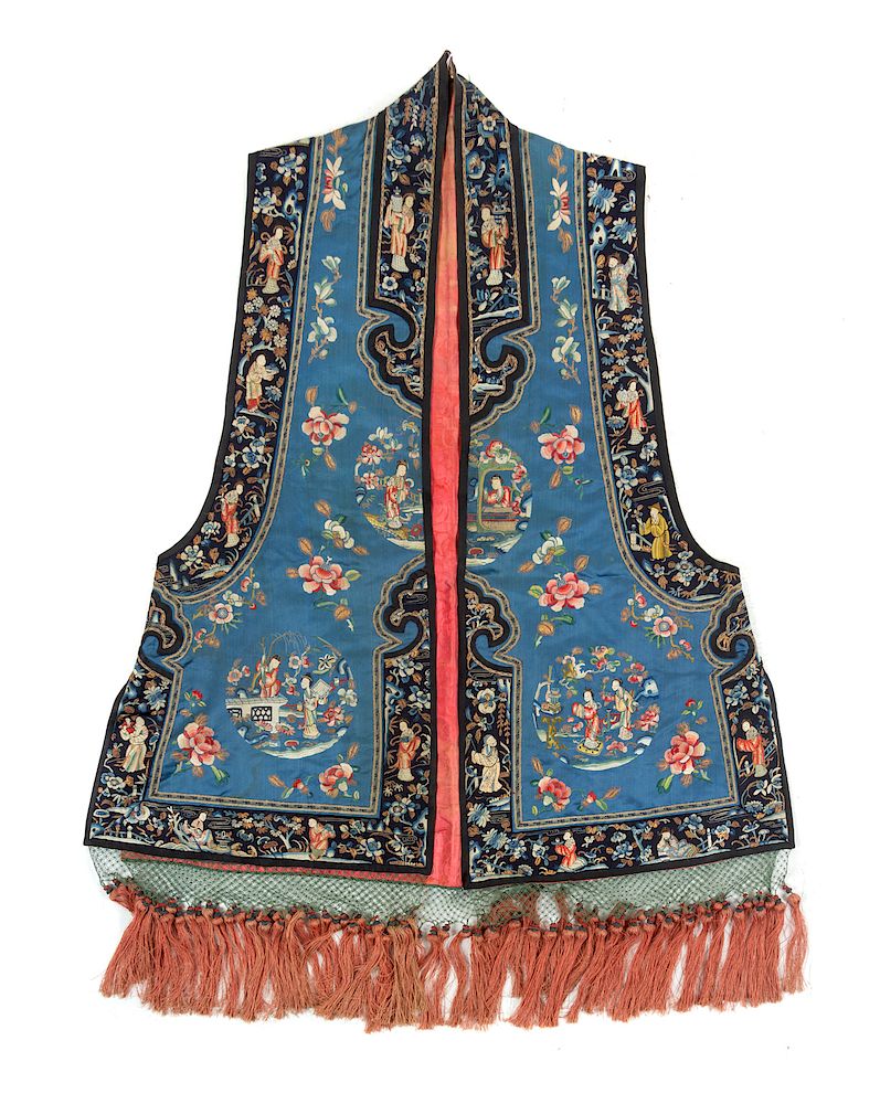 Appraisal: A Blue Ground Embroidered Silk Lady's Vest Xiapi Collar to