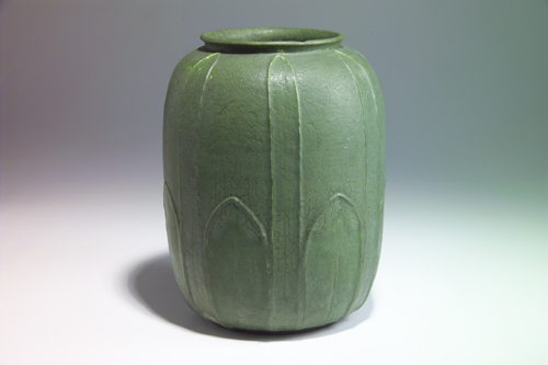 Appraisal: GRUEBY Melon-shaped vase with tooled and applied full-height leaves alternating