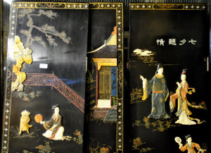 Appraisal: Japanese shibiyama four panel dress screen decorated with people on